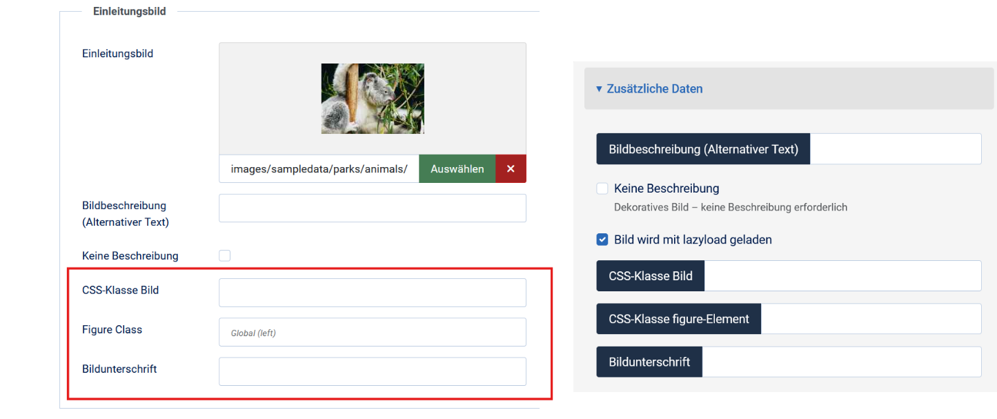 Drei Felder für Klassen: Bidl, Figure, Bildunterschrift