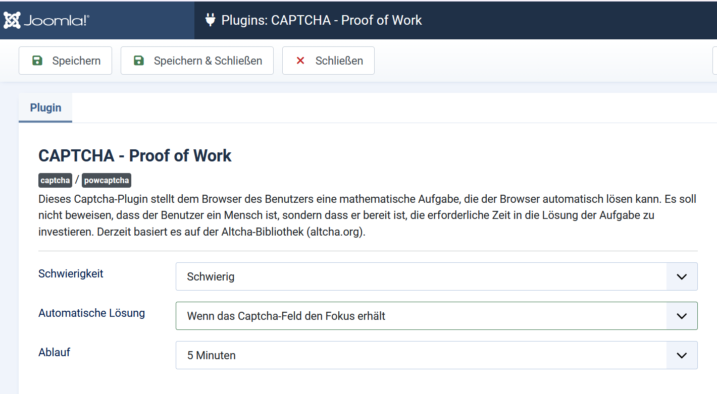 Das POW Captcha plugin mit drei Optionen